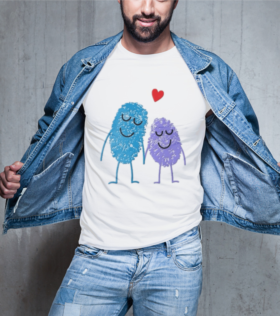Blue Purple Fingerprint Characters Holding Hands Red Heart Cartoon T-Shirt
