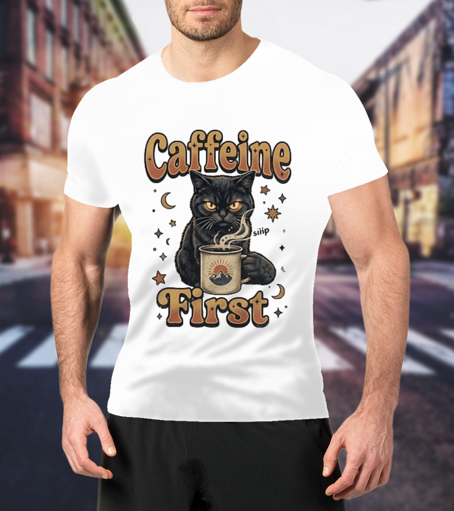 Caffeine First Cat With Coffee Moon Stars T-Shirt