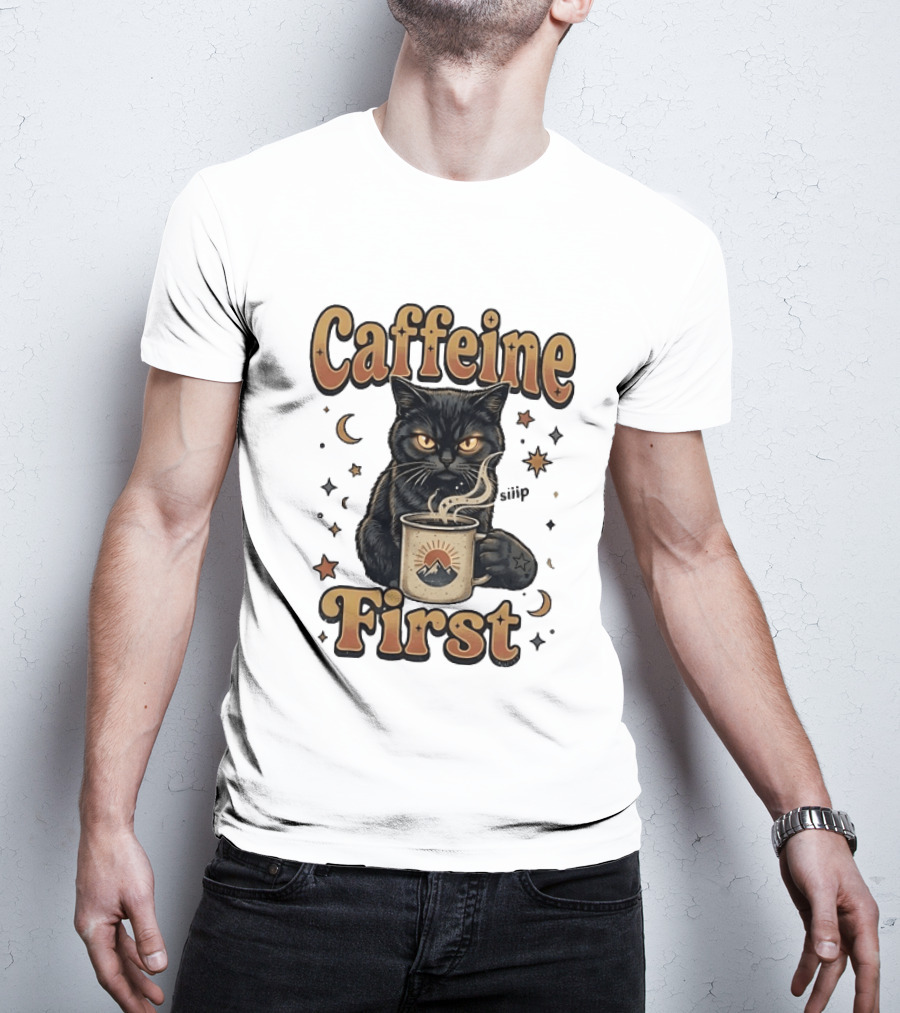 Caffeine First Cat With Coffee Moon Stars T-Shirt