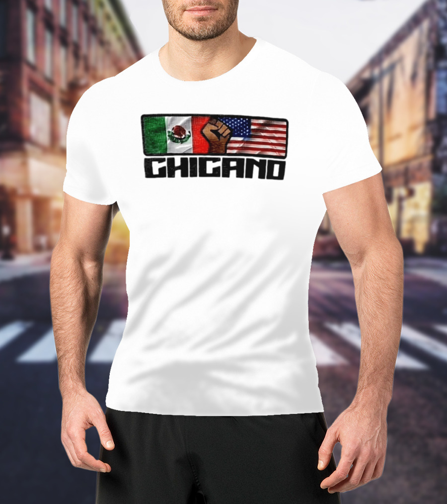 Chicano Mexican And American Flags With Raised Fist T-Shirt