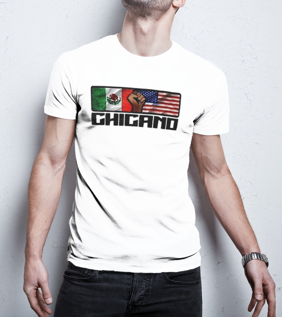 Chicano Mexican And American Flags With Raised Fist T-Shirt