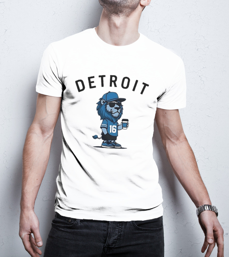 Detroit Lions Lion Mascot Jersey 16 With Coffee T-Shirt