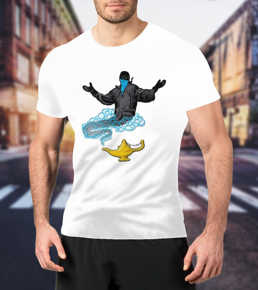 Dread Pirate Roberts Genie Man In Black With Golden Magic Lamp Halftone Cartoon T-Shirt