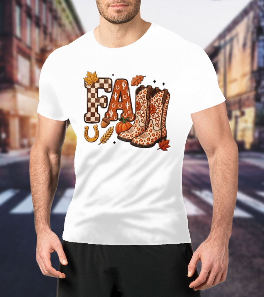 Fall Western Cowboy Boots Pumpkin Horseshoe Wheat Harvest Season T-Shirt