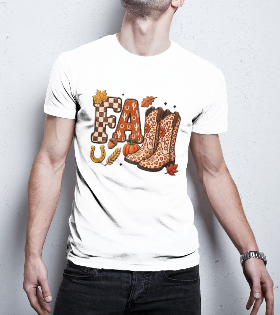 Fall Western Cowboy Boots Pumpkin Horseshoe Wheat Harvest Season T-Shirt