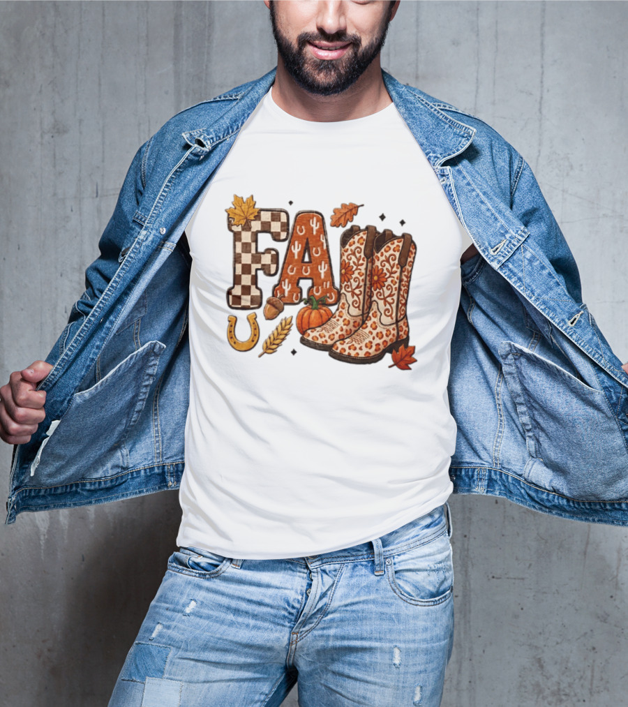 Fall Western Cowboy Boots Pumpkin Horseshoe Wheat Harvest Season T-Shirt