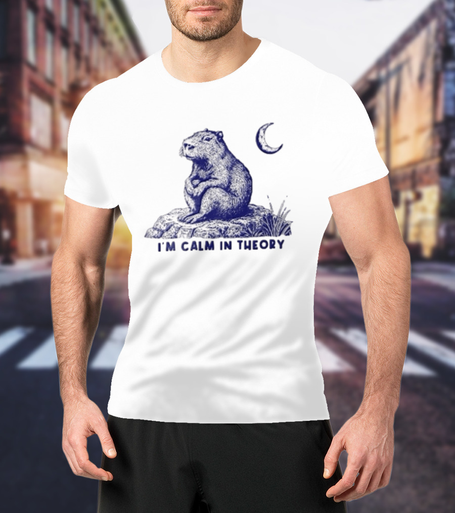 I'm Calm In Theory Capybara Sitting On Rock Under Crescent Moon T-Shirt