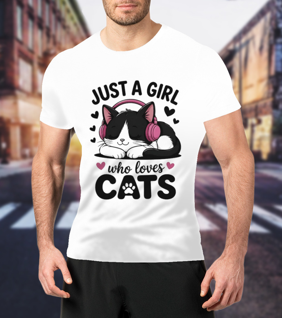 Just A Girl Who Loves Cats Kitten With Headphones T-Shirt