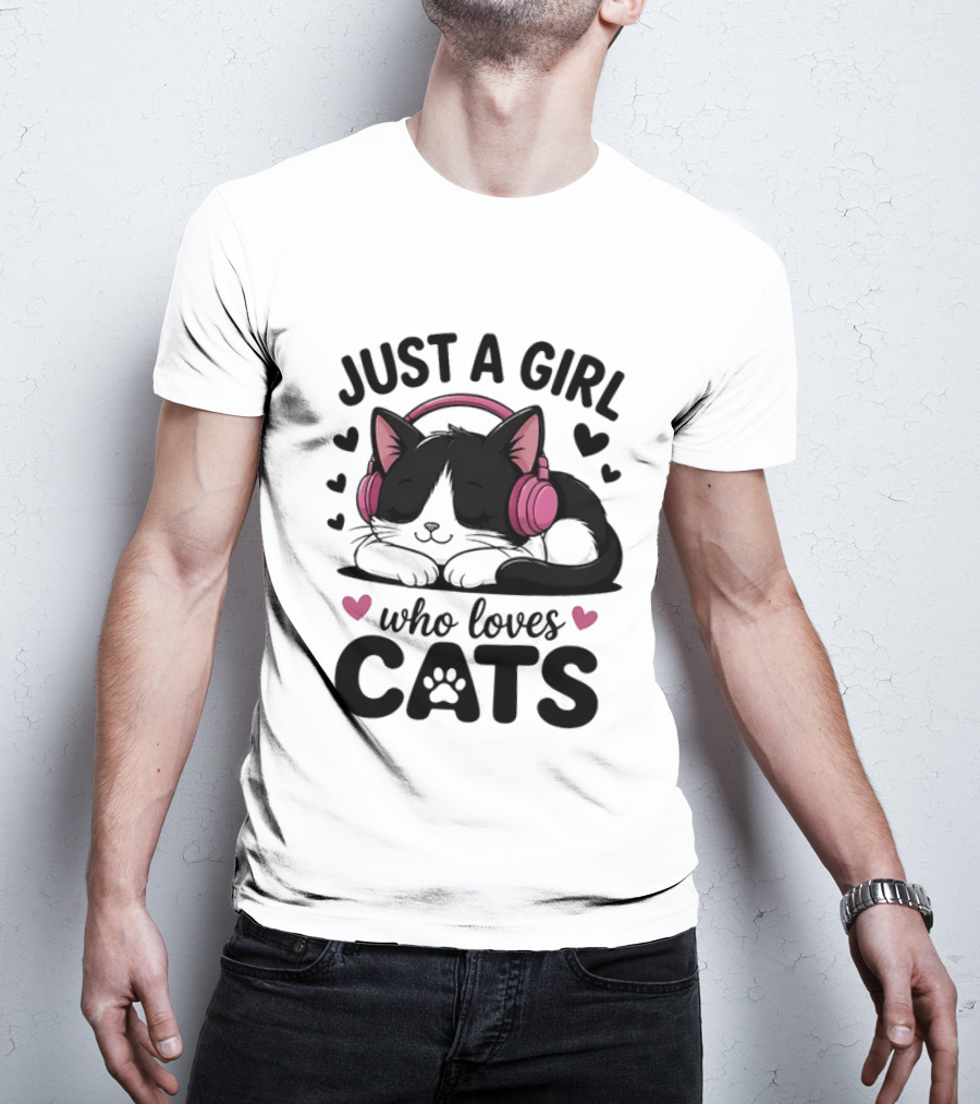 Just A Girl Who Loves Cats Kitten With Headphones T-Shirt
