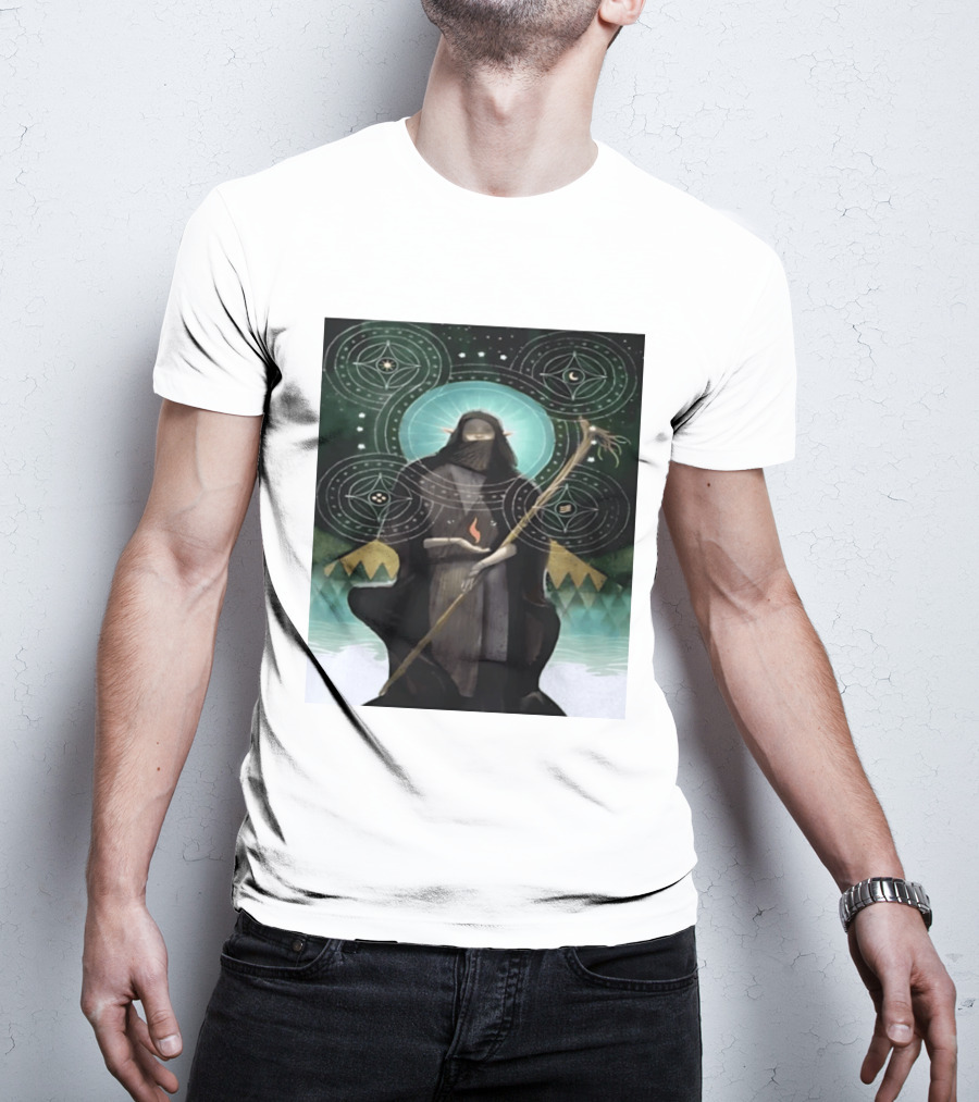Mystical Elf Mage Staff Elemental Magic Symbols Enchanted Circles T-Shirt
