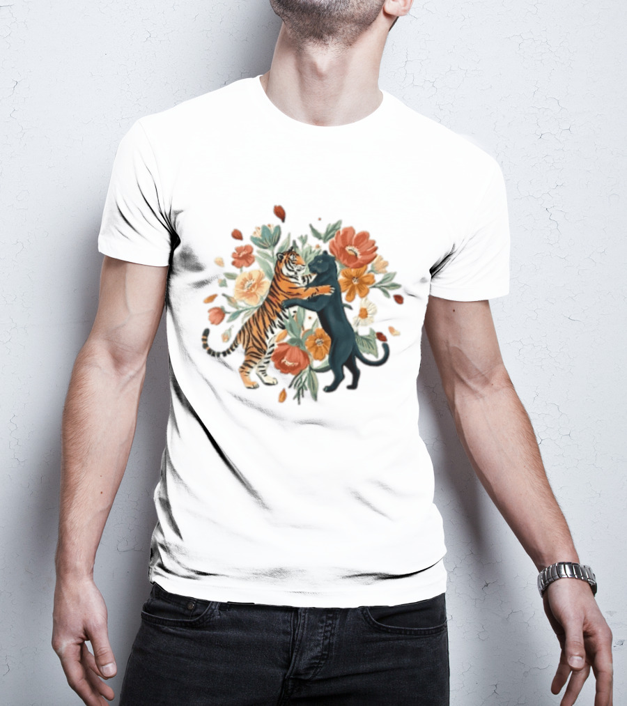 Tiger Black Panther Embrace Floral Bouquet Watercolor T-Shirt