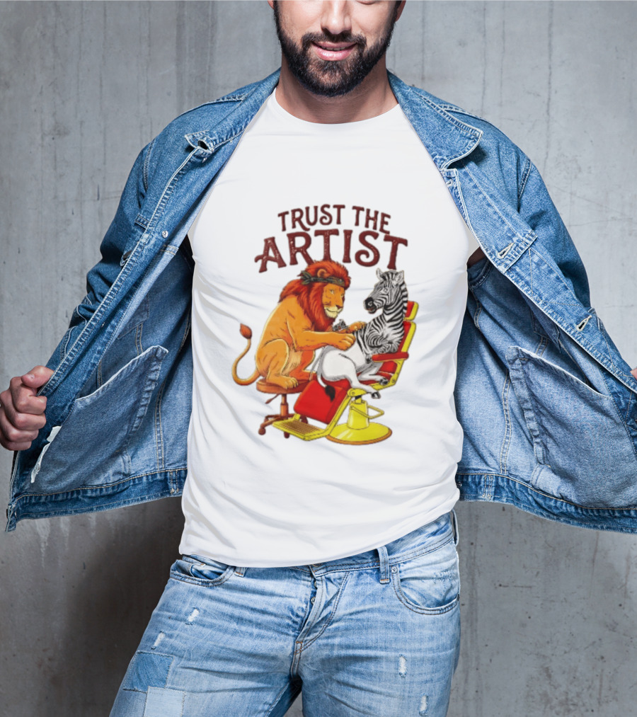 Trust The Artist Lion Tattooing Zebra In Barber Chair T-Shirt