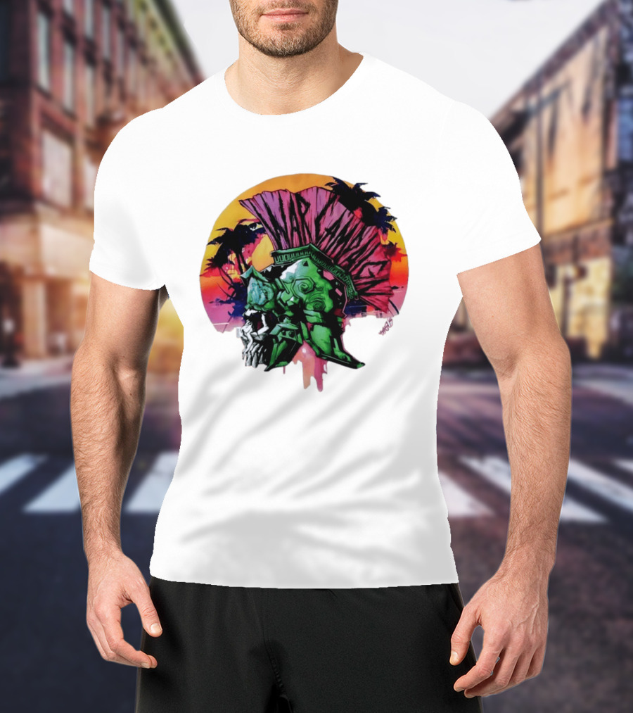 Warcraft Skull Spartan Helmet Tropical Sunset T-Shirt