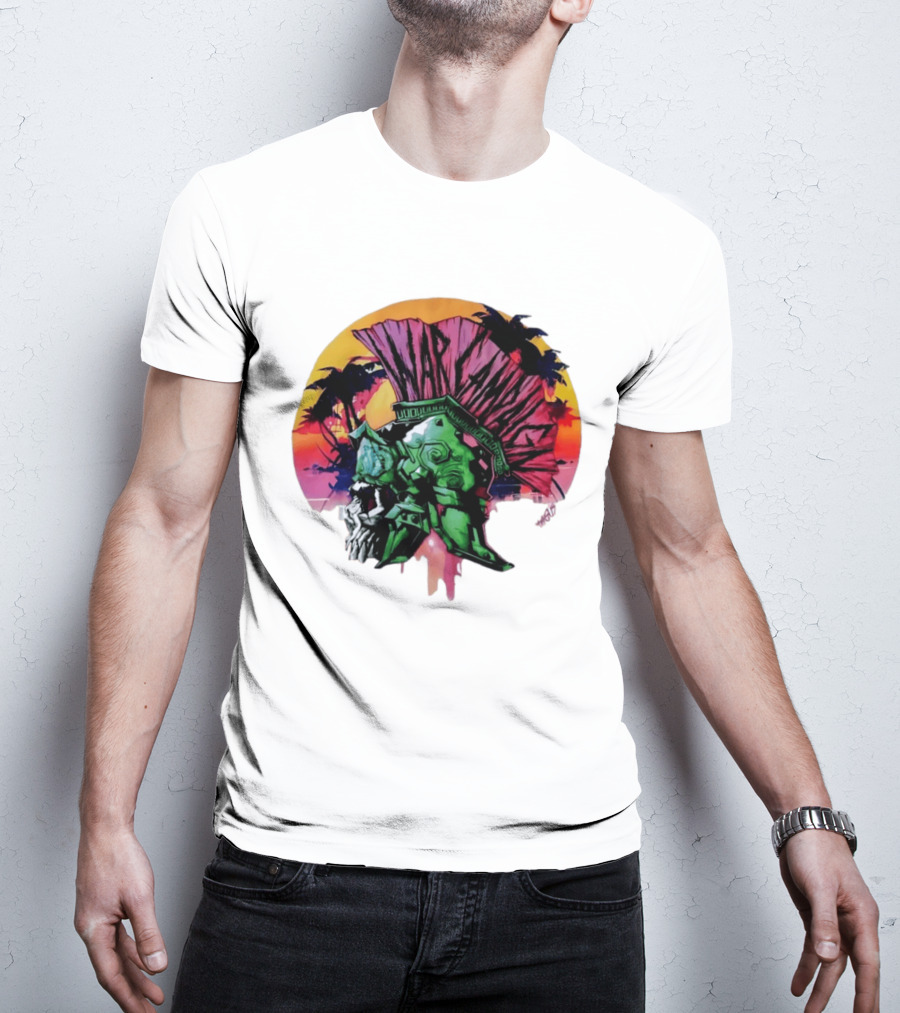 Warcraft Skull Spartan Helmet Tropical Sunset T-Shirt