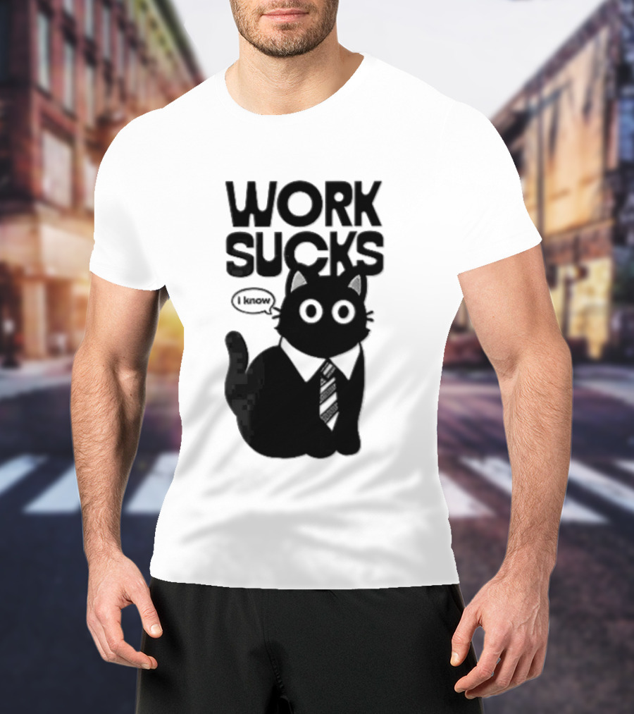 Work Sucks I Know Cartoon Black Cat T-Shirt