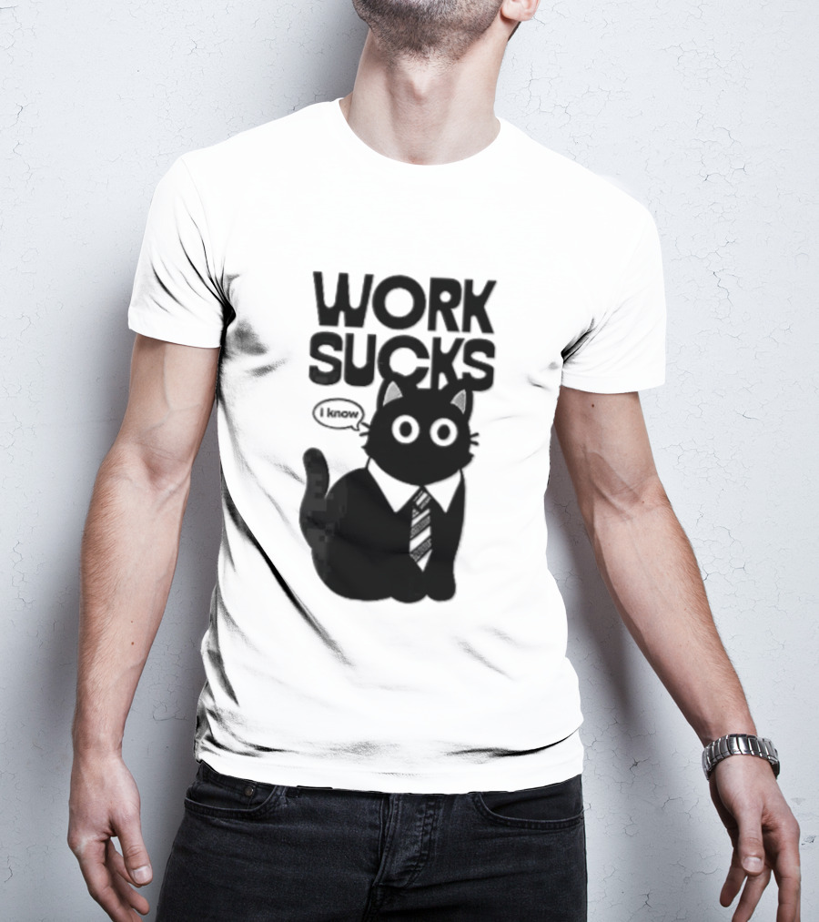 Work Sucks I Know Cartoon Black Cat T-Shirt