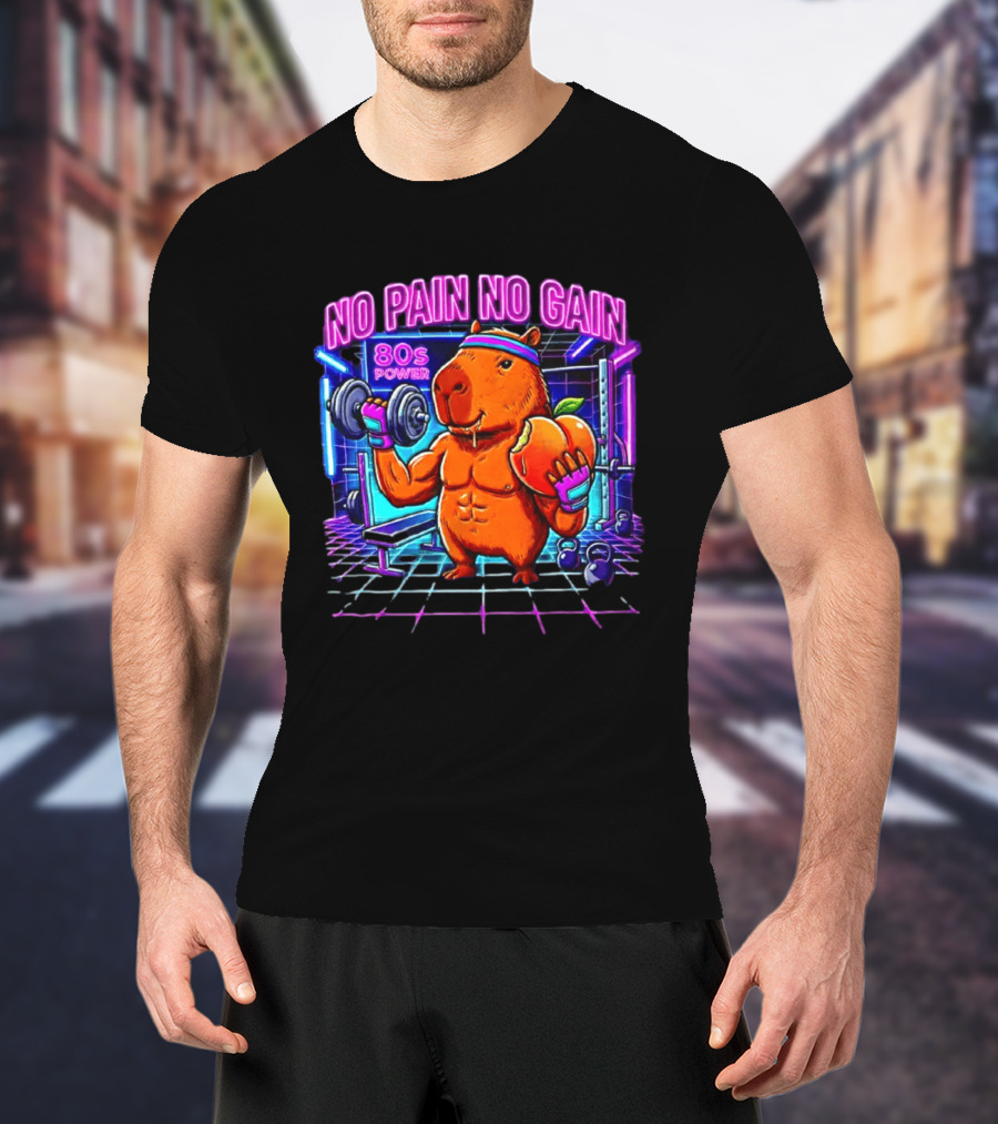 Capybara No Pain No Gain 80s Power Lifting Fitness Workout Gym T-Shirt