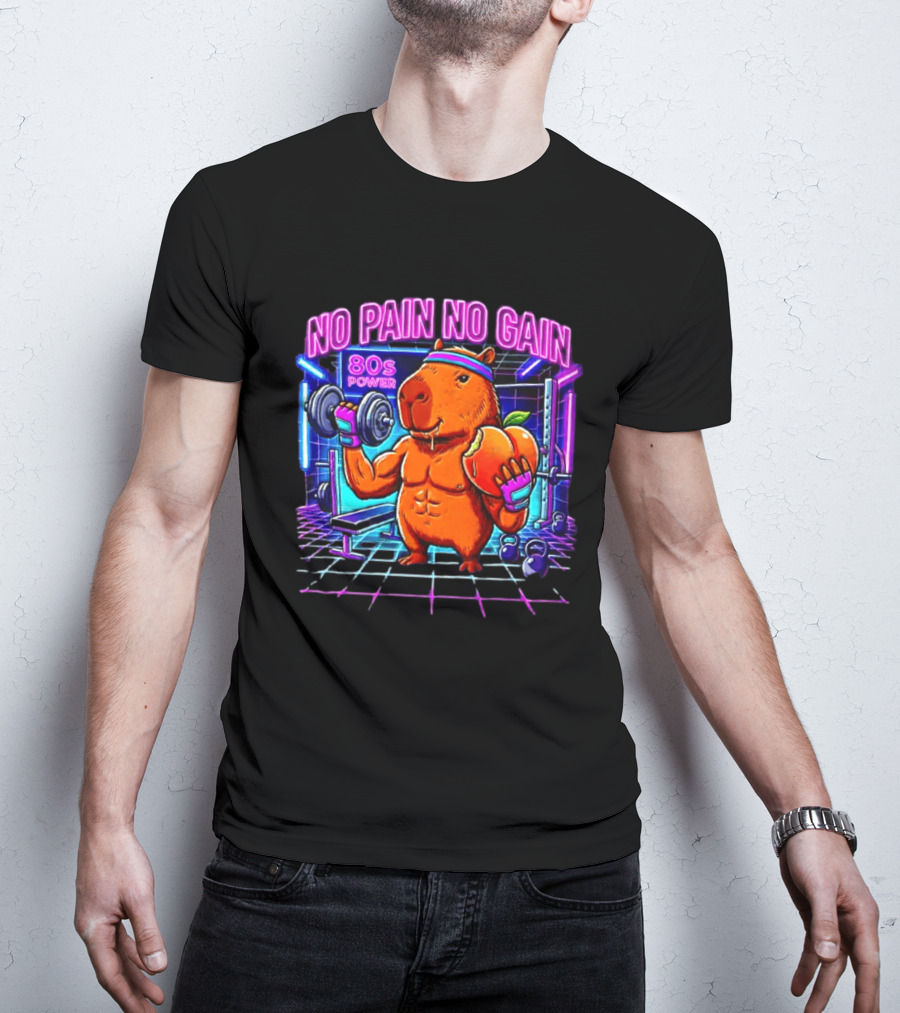 Capybara No Pain No Gain 80s Power Lifting Fitness Workout Gym T-Shirt
