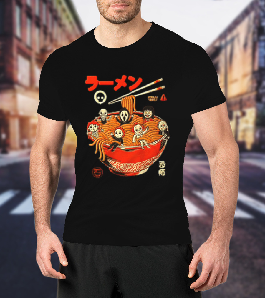 Chucky Ghostface Kayako Michael Myers Pennywise Jason Voorhees Ramen Horror Characters Eat Scream T-Shirt