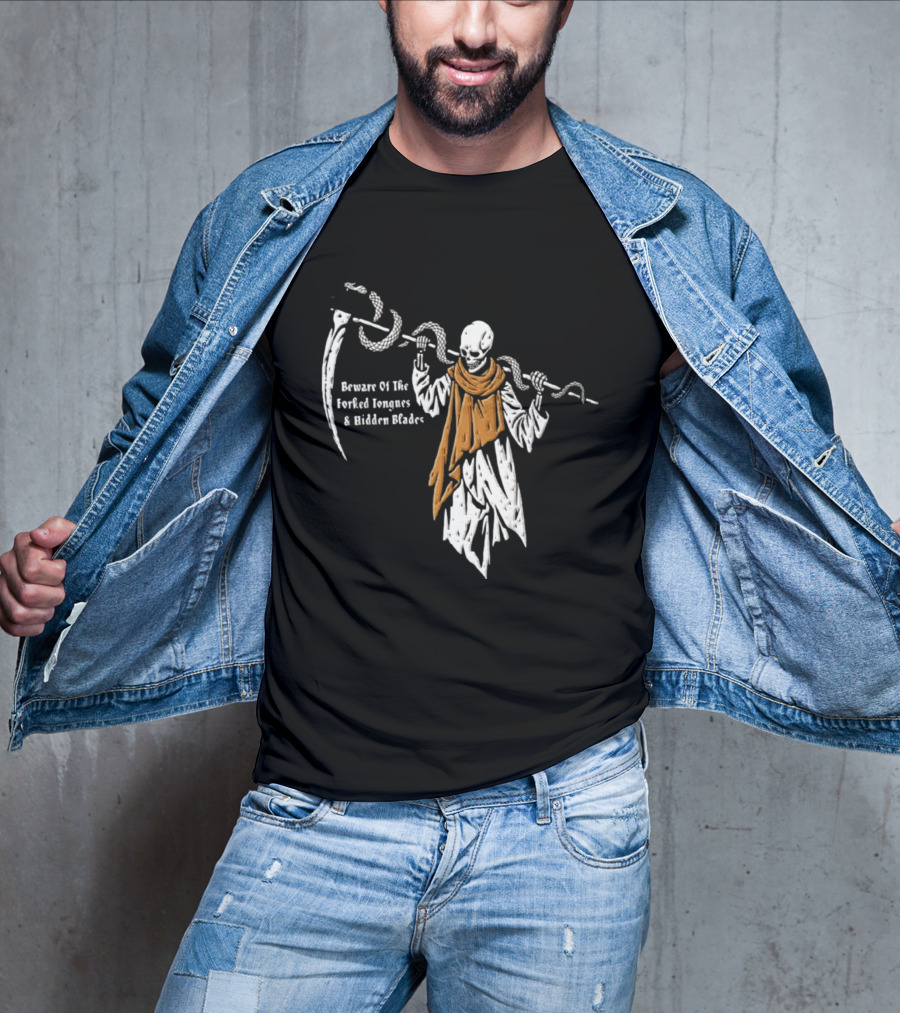 Beware Of The Forked Tongues And Hidden Blades Grim Reaper Snake T-Shirt