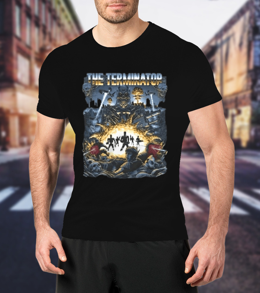 The Terminator Explosive Battle Scene Skull Motif With 800 Endoskeleton T-Shirt
