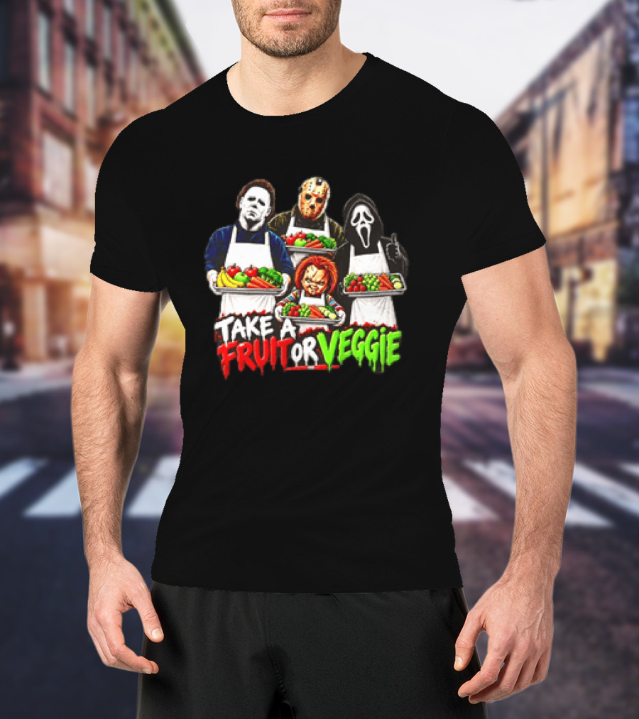 Michael Myers Jason Voorhees Ghostface Chucky Horror Movie Take A Fruit Or Veggie T-Shirt