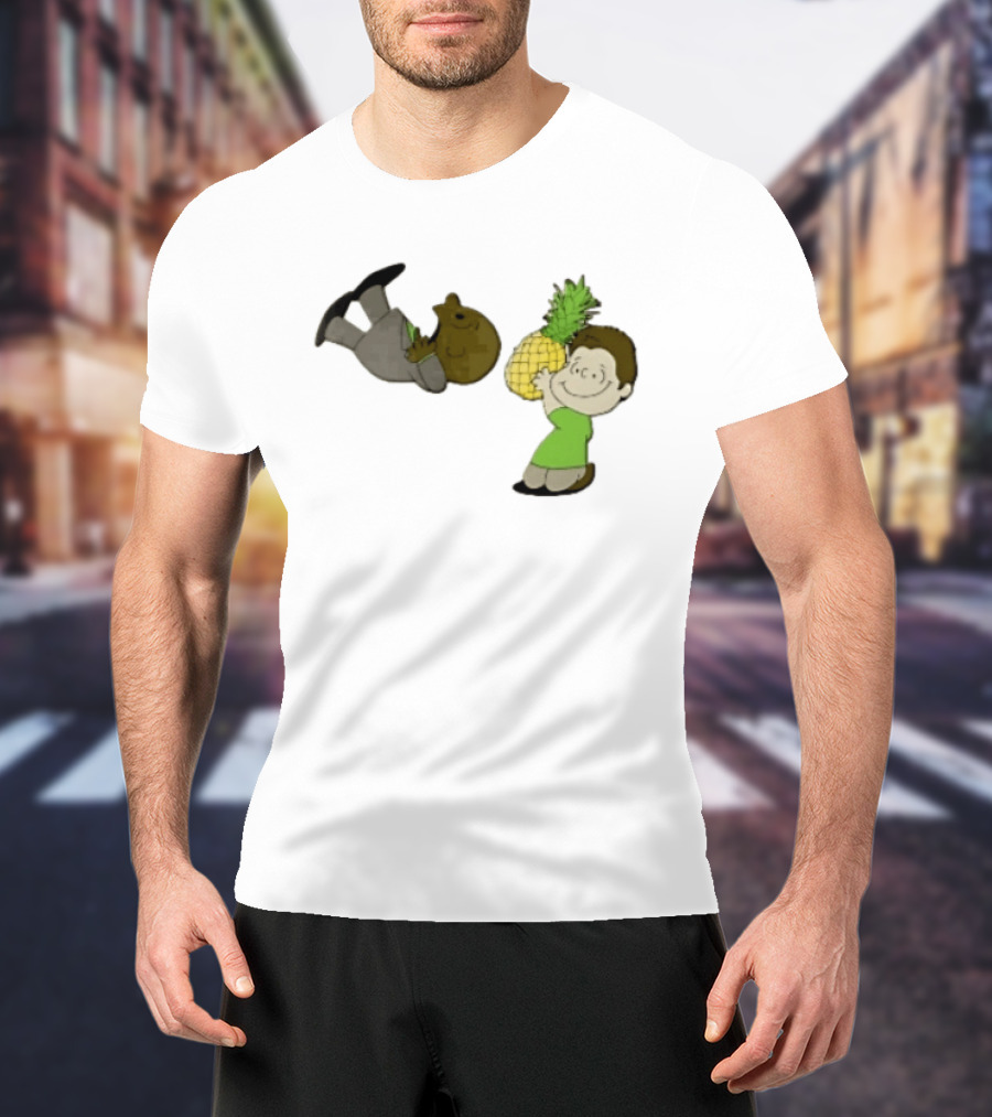 Cartoon Smiling Boy With Upside Down Pineapple Suit Person T-Shirt