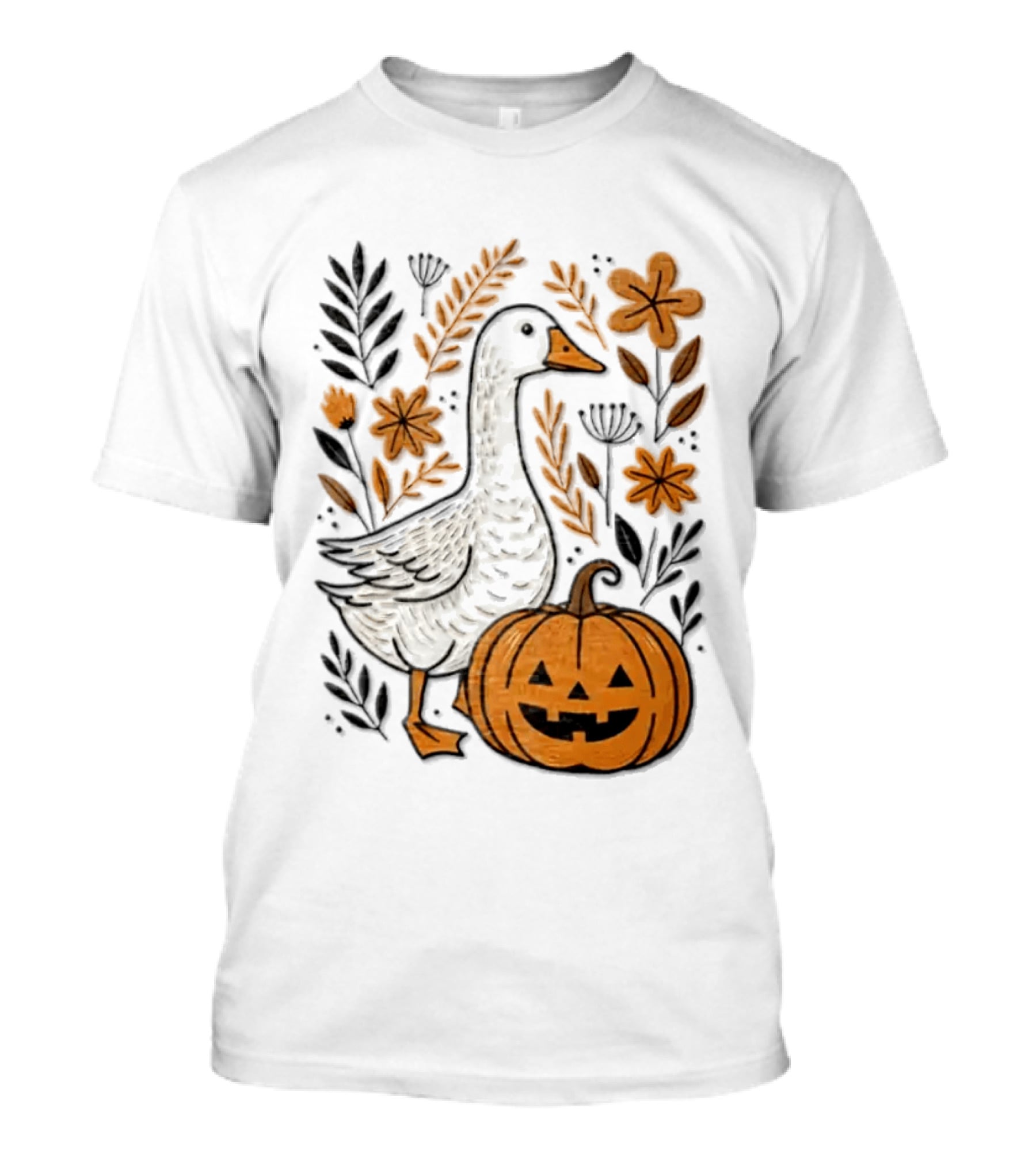 Goose With Jack O' Lantern Pumpkin Autumn Leaves And Flowers T-Shirt