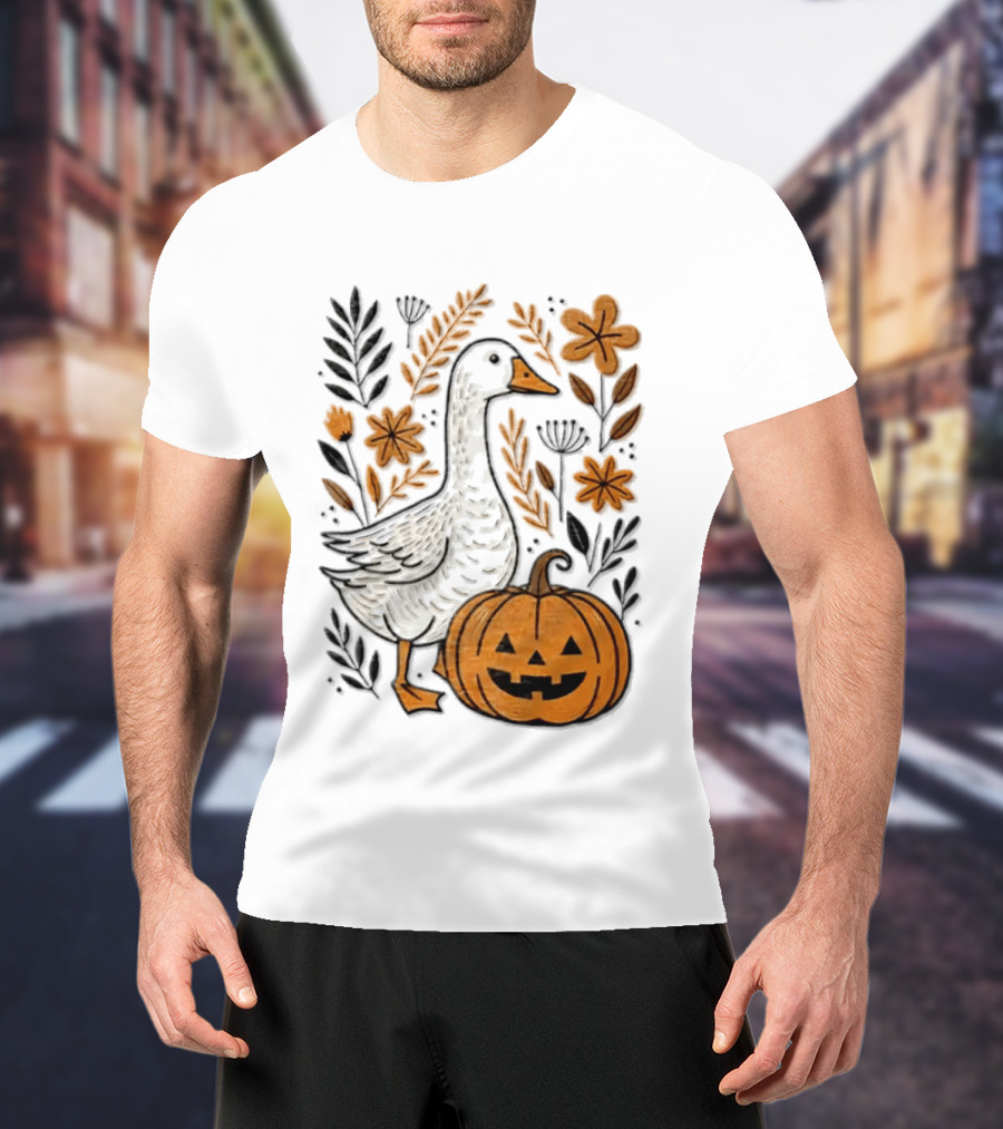 Goose With Jack O' Lantern Pumpkin Autumn Leaves And Flowers T-Shirt