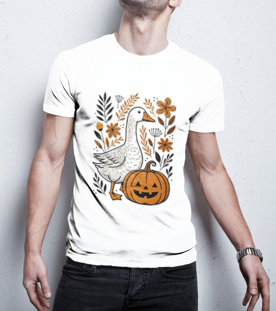 Goose With Jack O' Lantern Pumpkin Autumn Leaves And Flowers T-Shirt