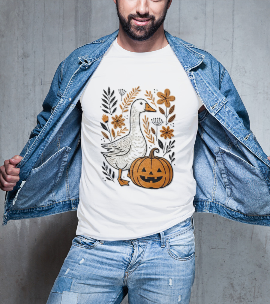 Goose With Jack O' Lantern Pumpkin Autumn Leaves And Flowers T-Shirt