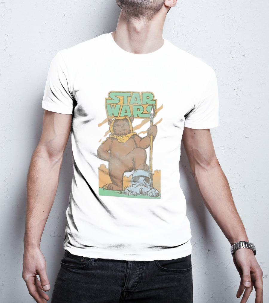 Star Wars Ewok Holding Spear With Stormtrooper Helmet T-Shirt