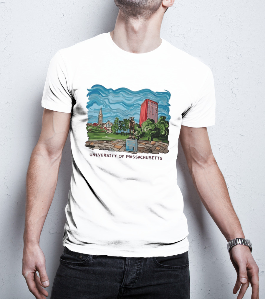 University Of Massachusetts Landmark Campus Scene Tower And Trees T-Shirt