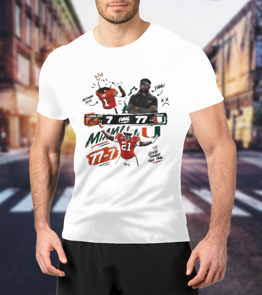 Miami 77 Final Florida A&M 7 College Football Game Highlights T-Shirt