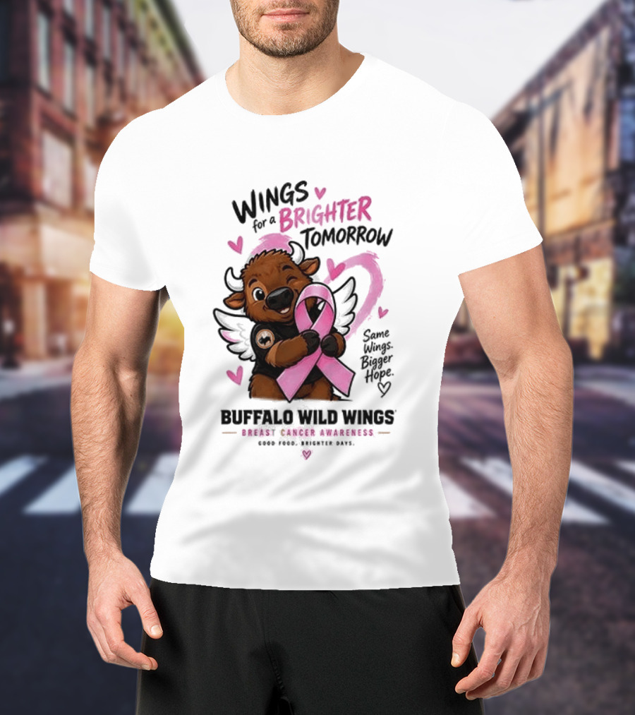 Wings For A Brighter Tomorrow Buffalo Wild Wings Breast Cancer Awareness Pink Ribbon Hearts T-Shirt