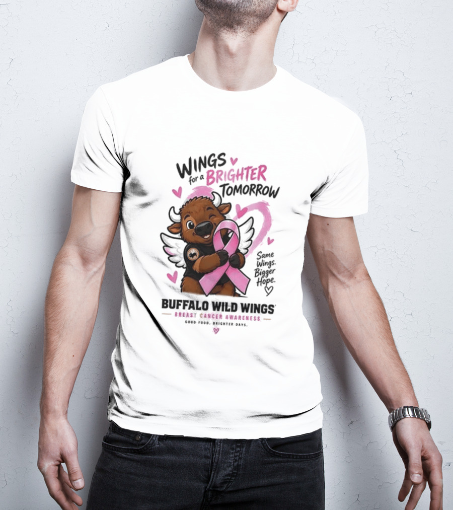 Wings For A Brighter Tomorrow Buffalo Wild Wings Breast Cancer Awareness Pink Ribbon Hearts T-Shirt