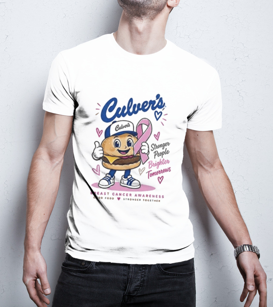 Culver's Breast Cancer Awareness Stronger People Brighter Tomorrows Burger Character With Pink Ribbon T-Shirt