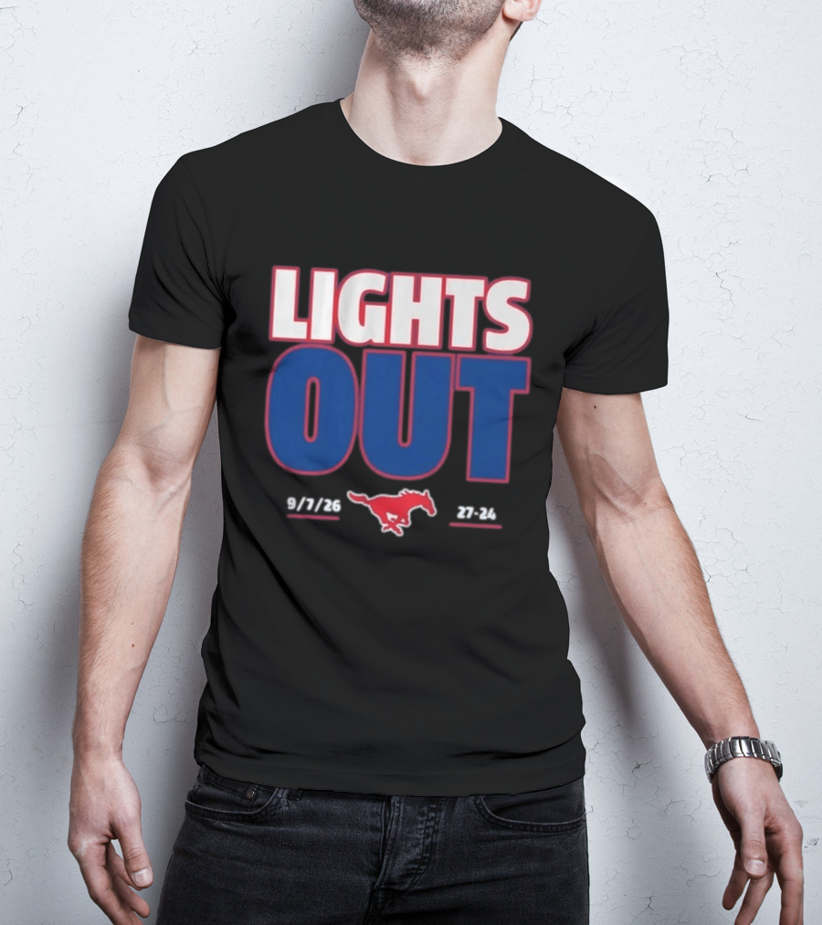 SMU Mustangs Football Lights Out 9 7 26 27 24 T-Shirt