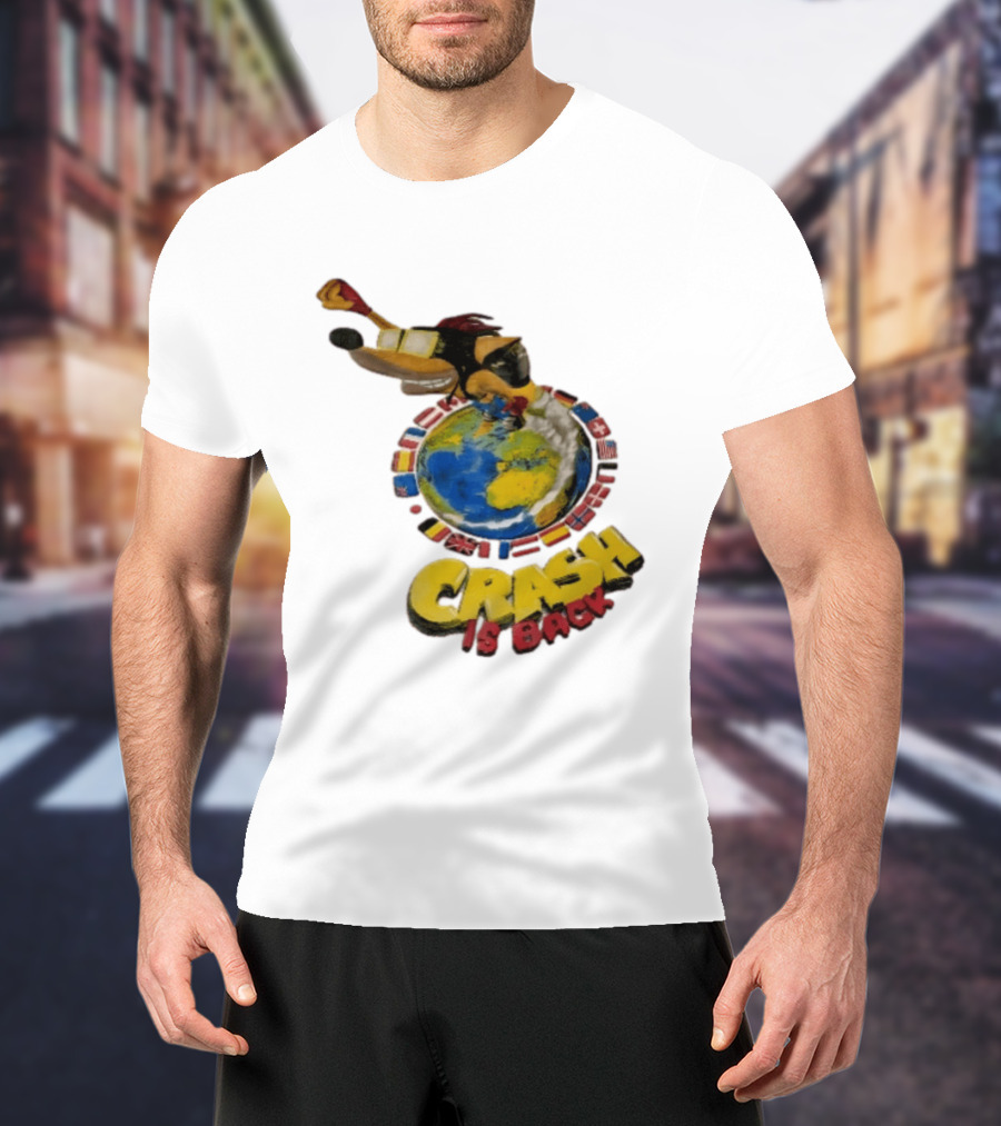 Crash Is Back Jetpack Adventure World Flags Globe Cartoon T-Shirt