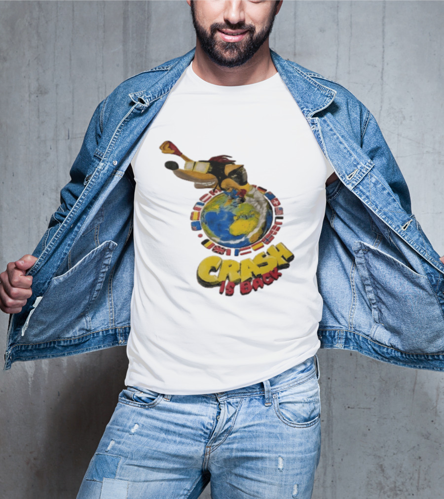 Crash Is Back Jetpack Adventure World Flags Globe Cartoon T-Shirt
