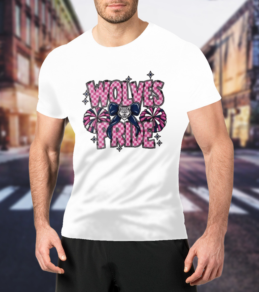 Wolves Pride Pink Checkered Cheerleading Pompoms And Wolf Bow T-Shirt
