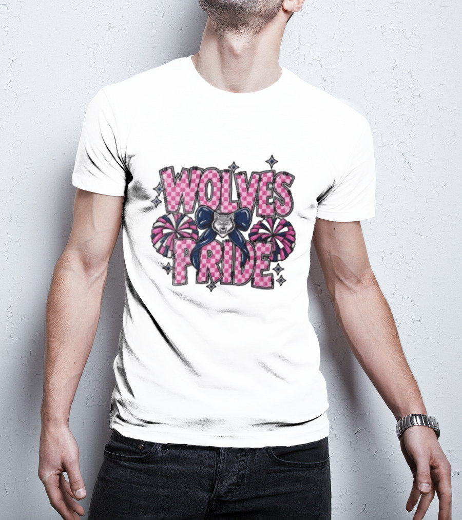Wolves Pride Pink Checkered Cheerleading Pompoms And Wolf Bow T-Shirt
