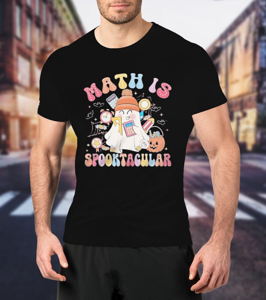 Math Is Spooktacular Ghost Halloween Teacher Kawaii Pumpkin Calculators T-Shirt