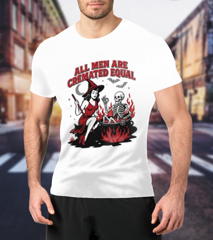 All Men Are Cremated Equal Witch Skeleton Cauldron Halloween T-Shirt