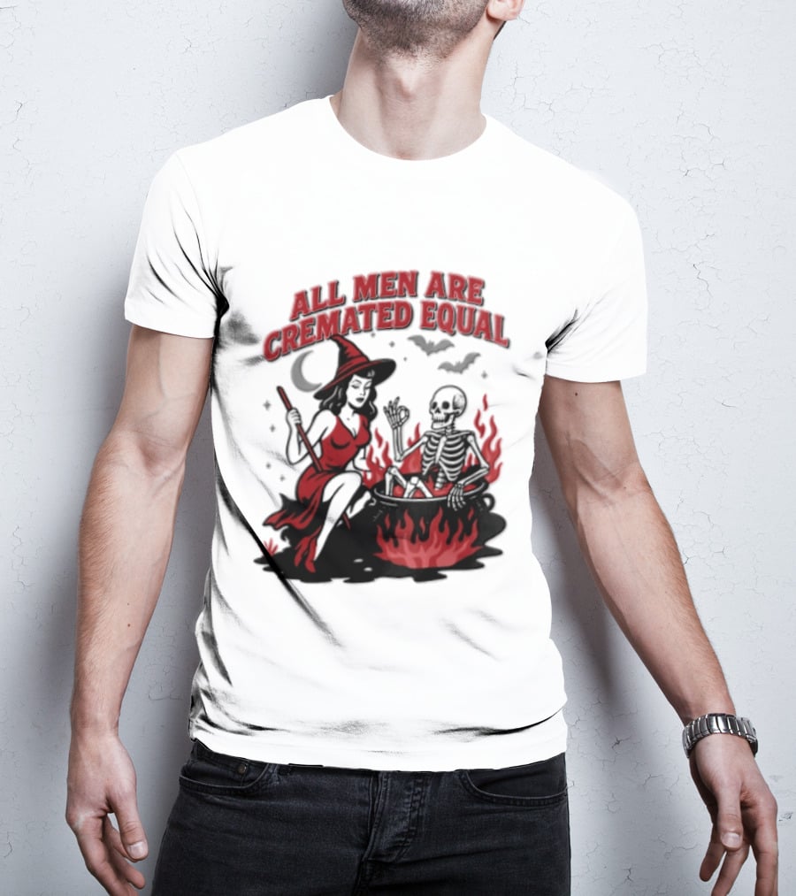 All Men Are Cremated Equal Witch Skeleton Cauldron Halloween T-Shirt