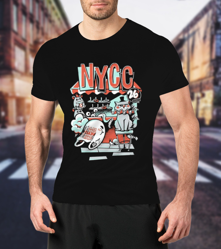 NYCC 26 Cent 1 Throw Carnival Cat Retro Style Comic Fairground Fun T-Shirt