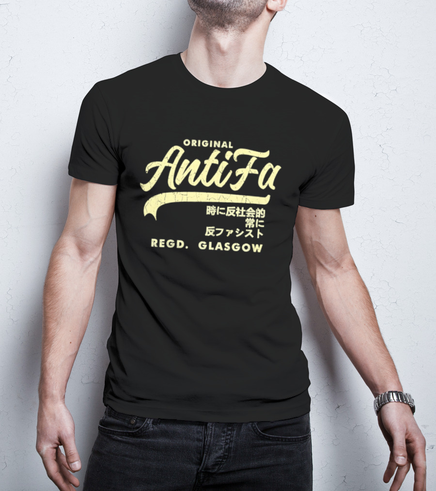 Original AntiFa Regd Glasgow Distressed Japanese Text Anti Fascist T-Shirt