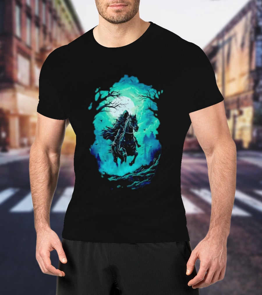 Headless Horseman Eerie Night Ride Through Spooky Forest T-Shirt
