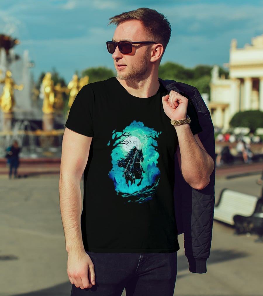 Headless Horseman Eerie Night Ride Through Spooky Forest T-Shirt