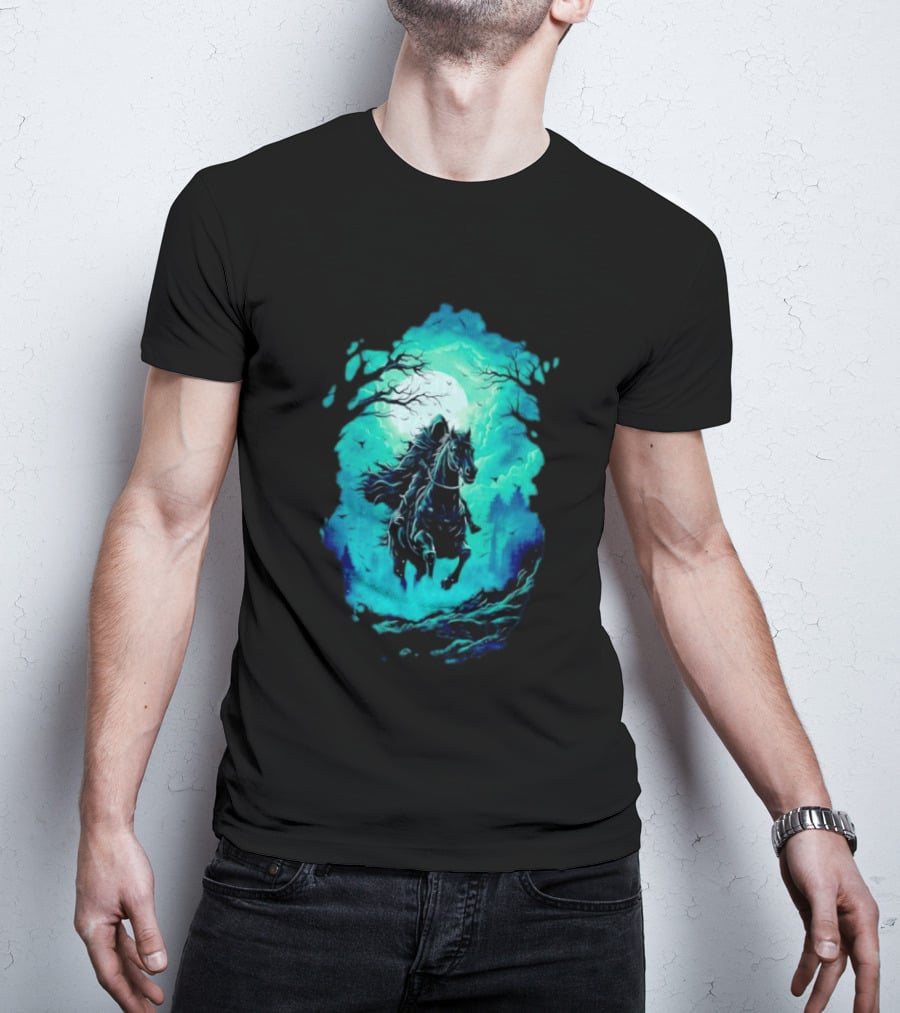 Headless Horseman Eerie Night Ride Through Spooky Forest T-Shirt